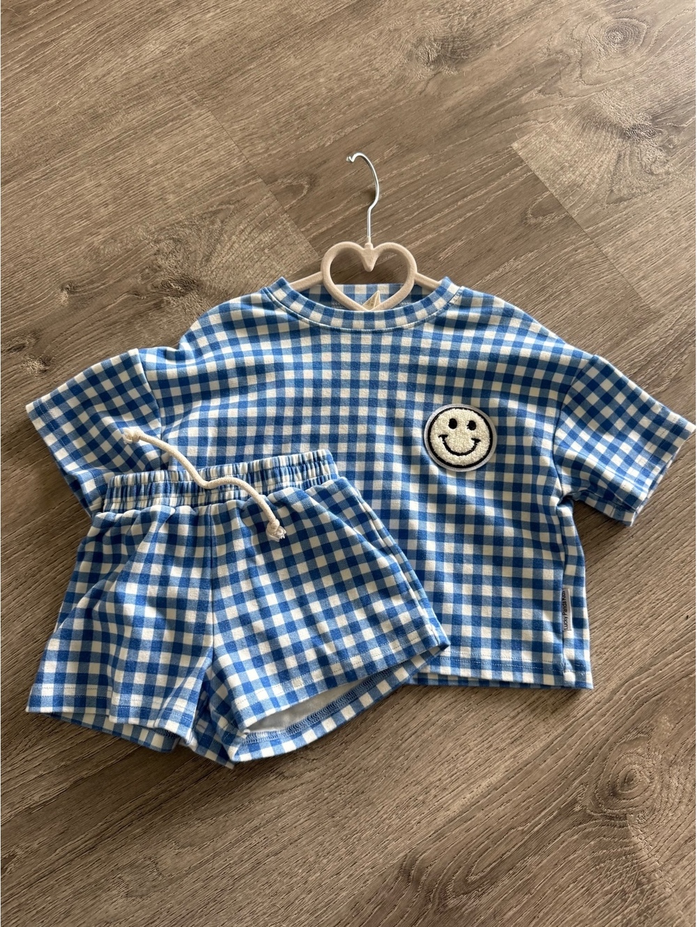 Lucky Panda Kids (LPK), blue gingham smiley face top and shorts set 18 to 24M